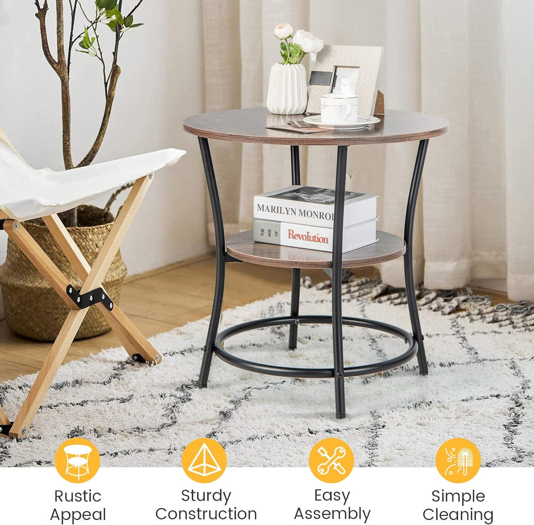 Round End Table, Industrial Side Table with 2 Storage Shelves & Sturdy Metal Frame