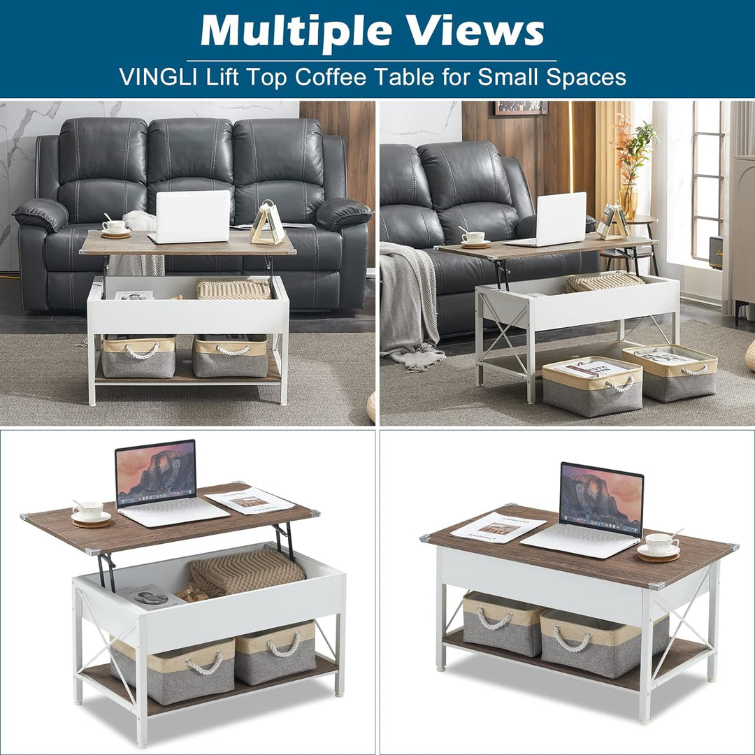 Lift Top Coffee Table with Storage Bins, White Walnut