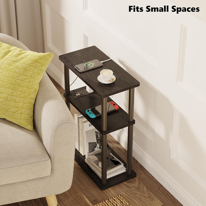 Small Side Table w/ Charging Station, 3 Tier Bedside Table