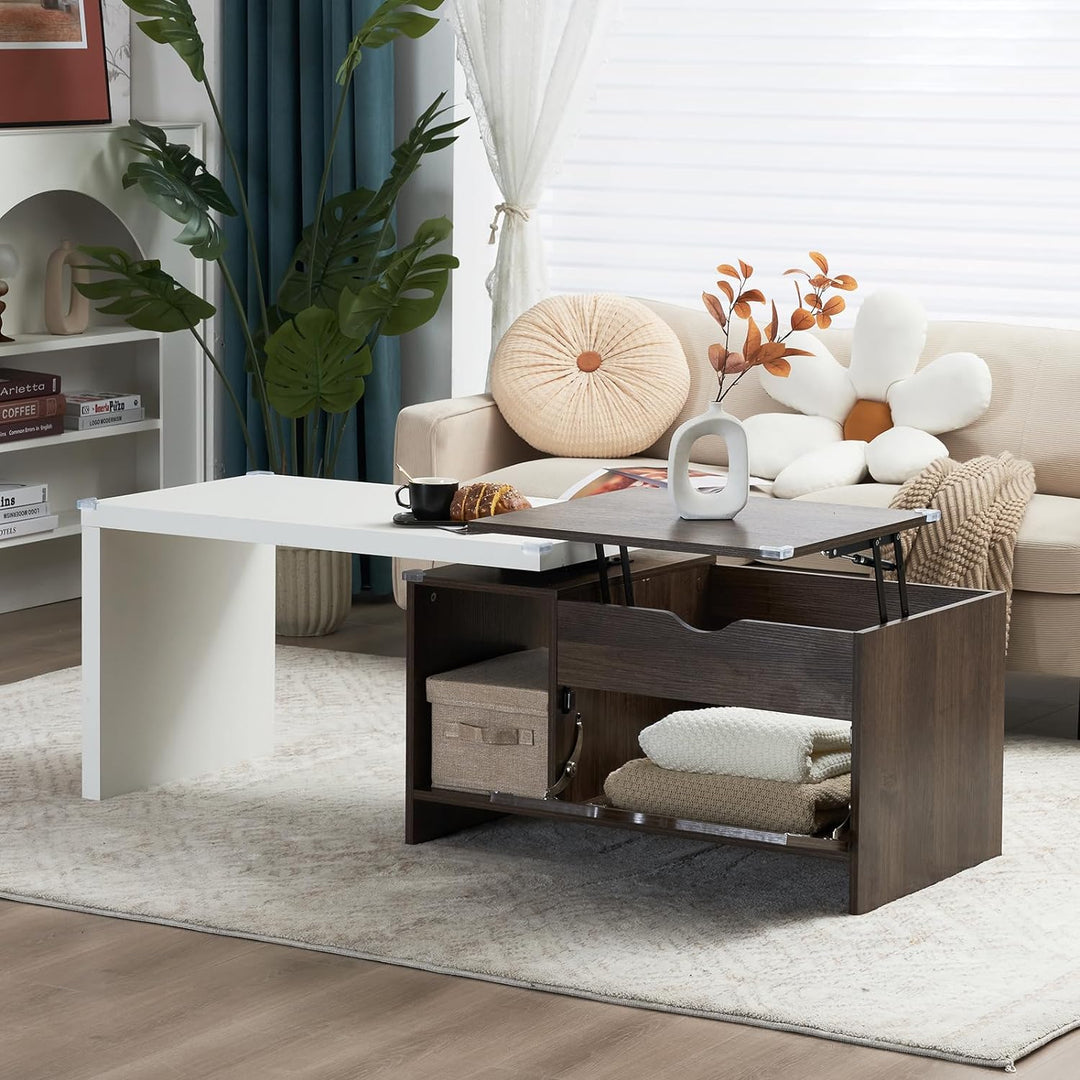 Versatile Extendable Wood Coffee Table with Storage, Walnut & White