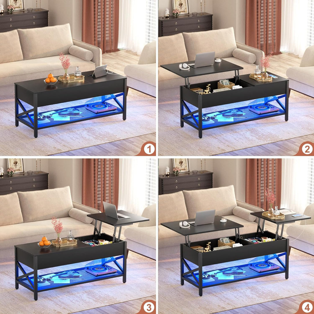 Stylish Lift-Top Coffee Table with Storage, LED Lighting & Power Outlet, Black