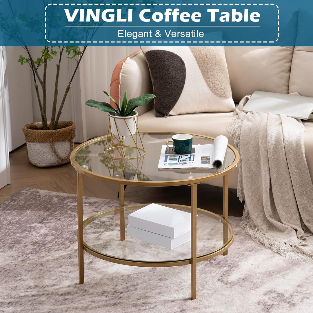 Elegant 2-Tier Glass Top Coffee Table, Gold Finish