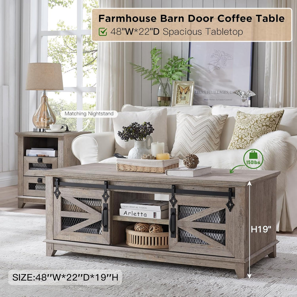 Rustic Coffee Table w/ Storage & Sliding Barn Doors, Light Oak