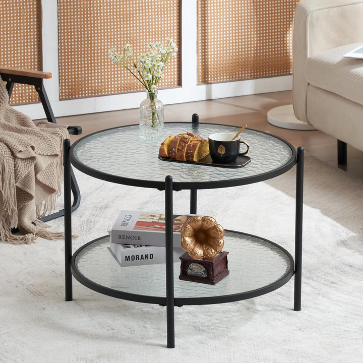 Matte Black Round Coffee Table with Water-Wave Glass, 2-Tier Storage Design, for Living Room, Bedroom, Balcony, Patio