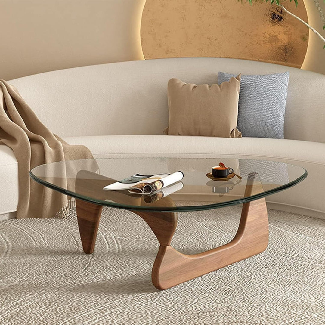 Triangle Glass Coffee Table, Mid-Century Modern End Table, Walnut Clear