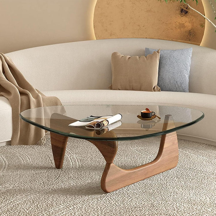 Triangle Glass Coffee Table, Mid-Century Modern End Table, Walnut Clear