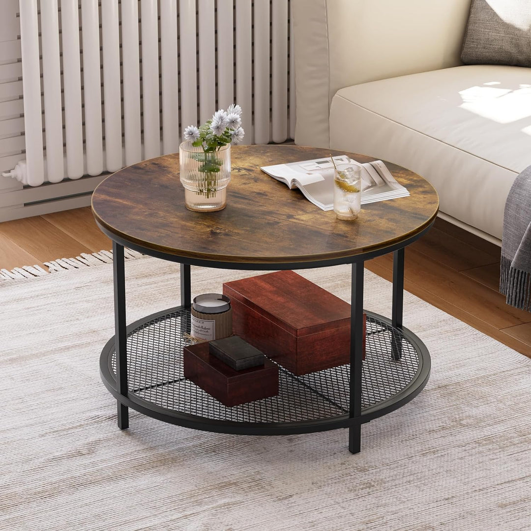 31.5" Round Coffee Table, 2-Tier Rustic Wood Living Room Table