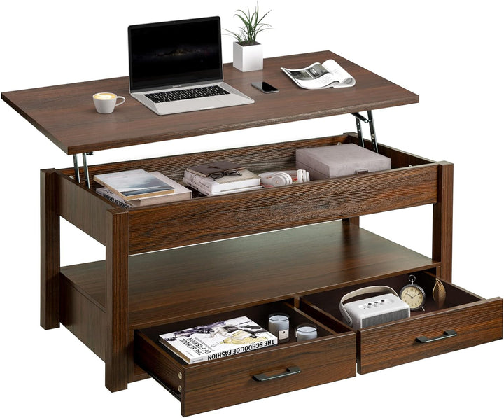 Lift Top Coffee Table with Storage Drawers, Retro Central Table, Espresso