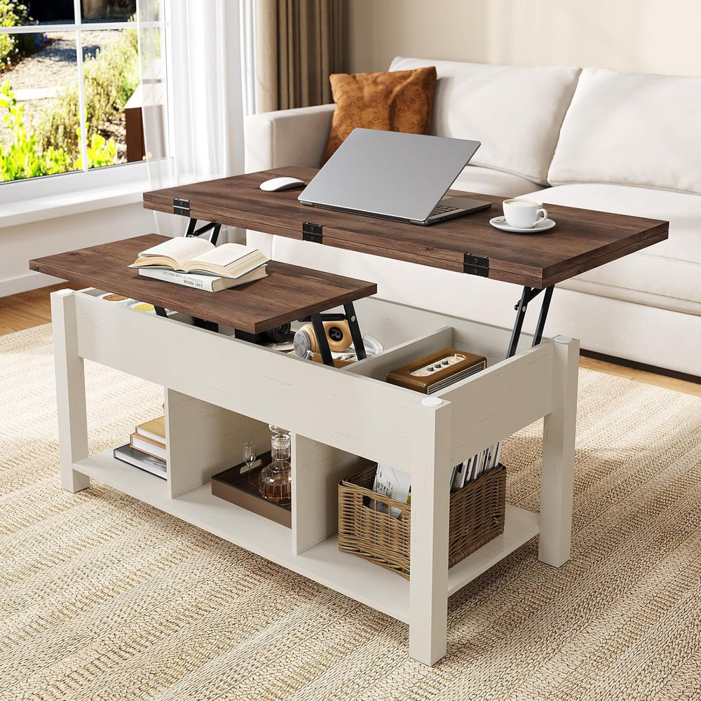 Versatile Farmhouse Coffee Table, Hidden Storage, Open Shelf, Old White