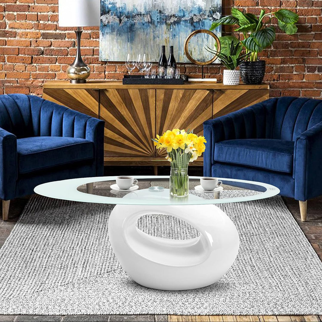 Contemporary Glass Coffee Table, Oval Tempered Glass Top, White