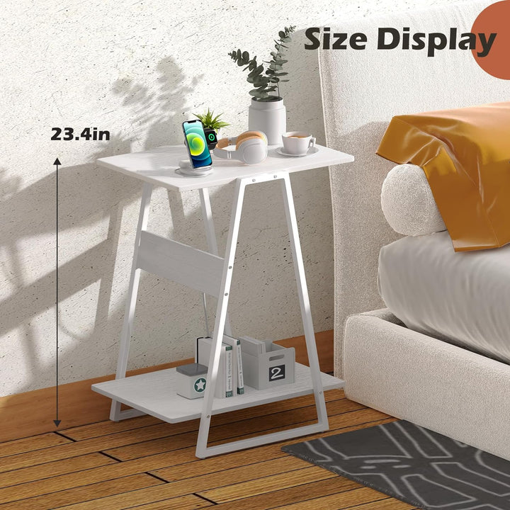 2-Tier End Tables, Slim Nightstand, White