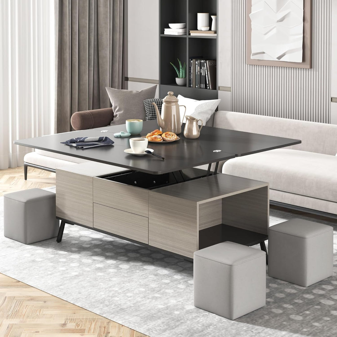 Lift Top Coffee Table Set with Storage and Ottomans, Dark Gray