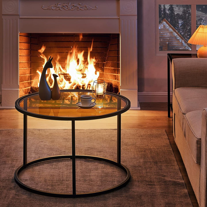 Glass Coffee Table Round Modern for Living Room, Brown Black