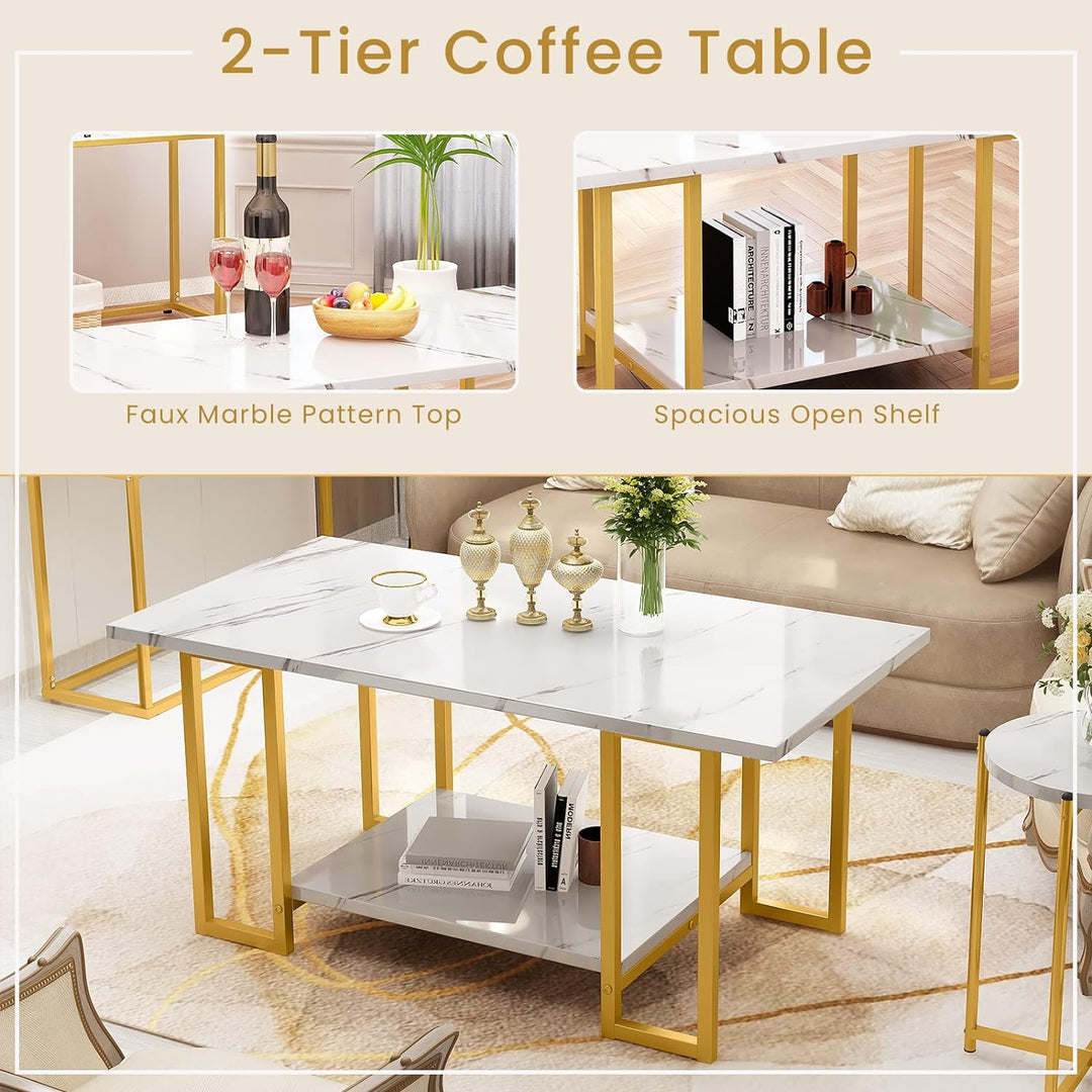 Faux Marble Coffee Table Set, Modern Design with Gold Frame