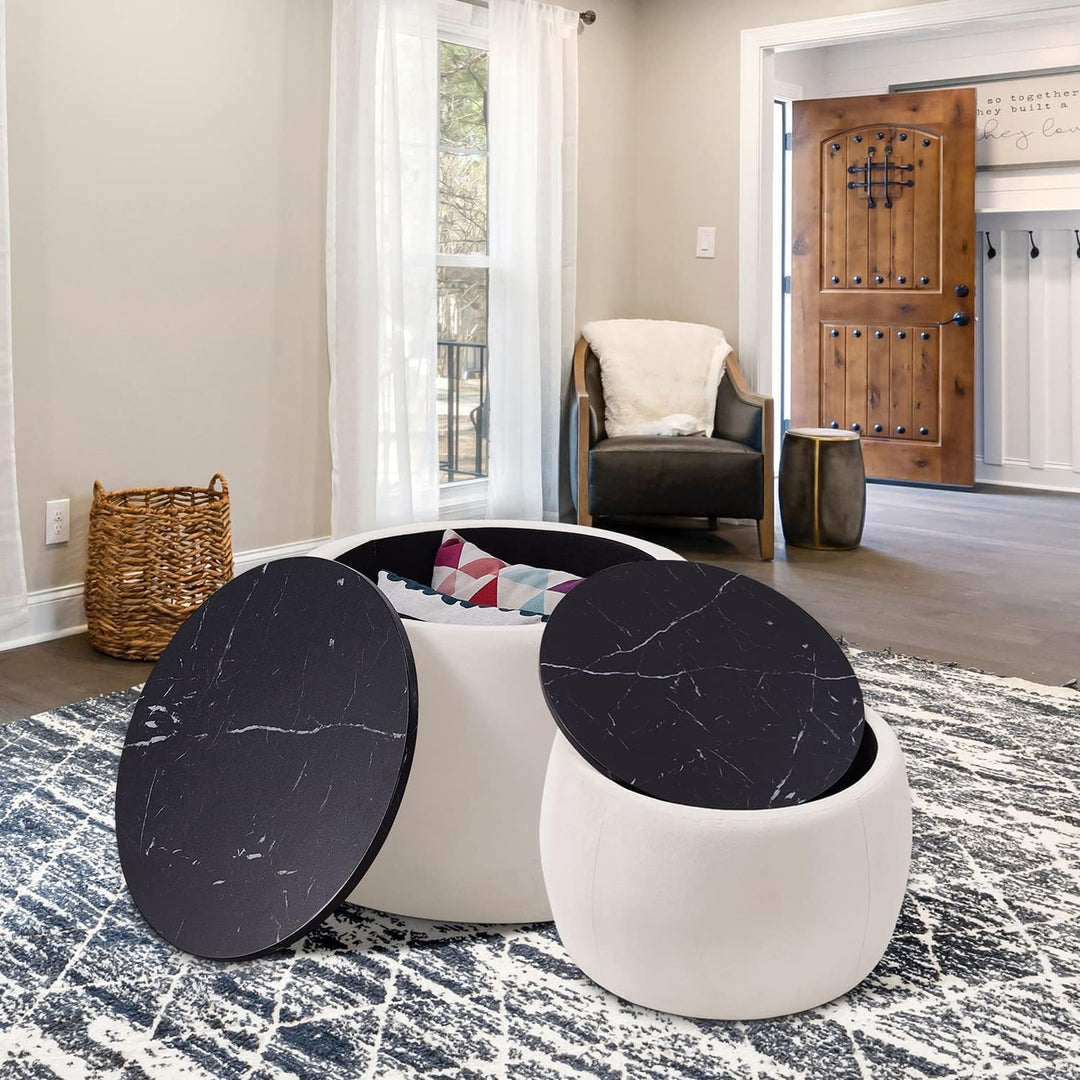 Round Coffee Table with Storage, Velvet Oversized Drum Ottoman Set, Beige