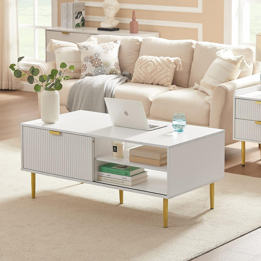 Stylish Modern Coffee Table with Sliding Door Storage, White