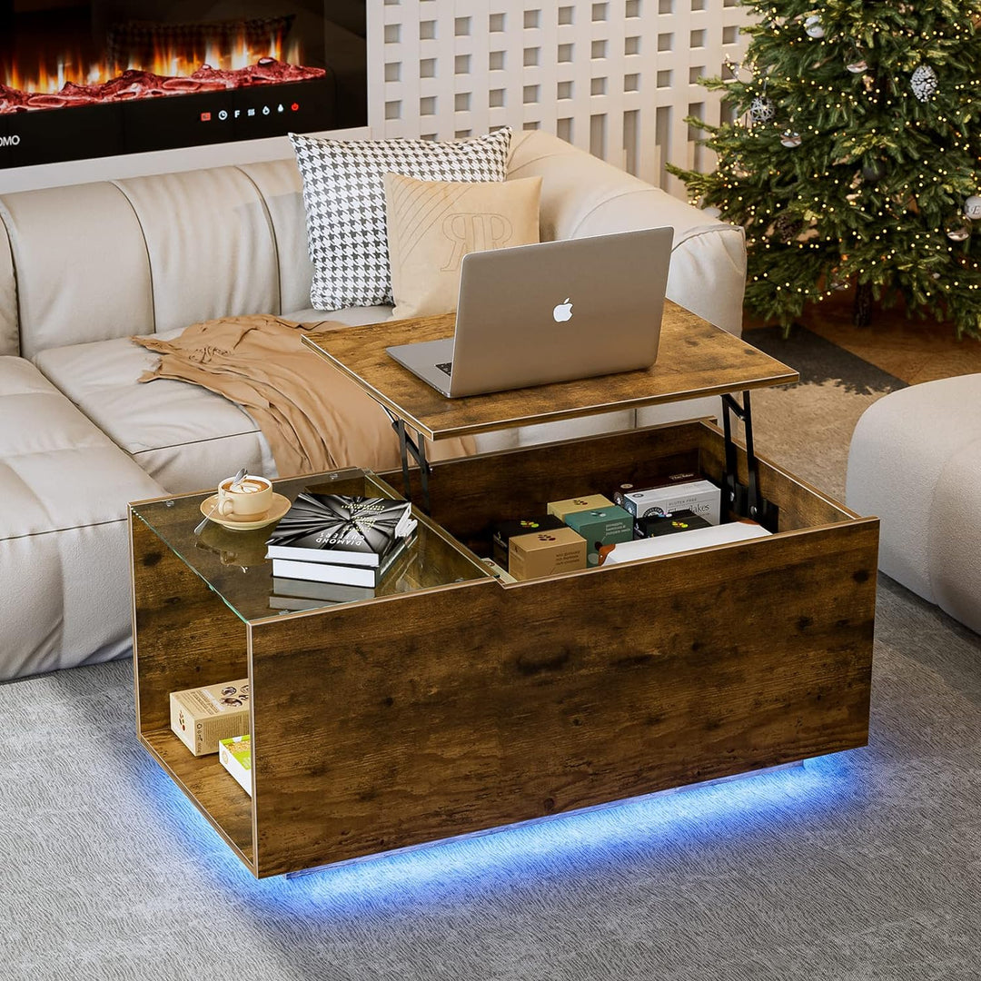 Rustic Lift-Top Coffee Table with LED Lights, Charging Station