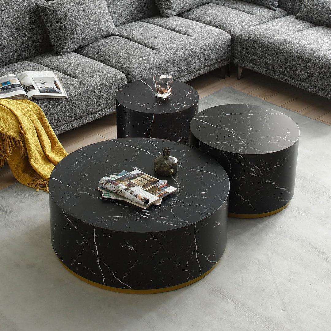 Modern Round Coffee Table Set, Black with Gold Rim