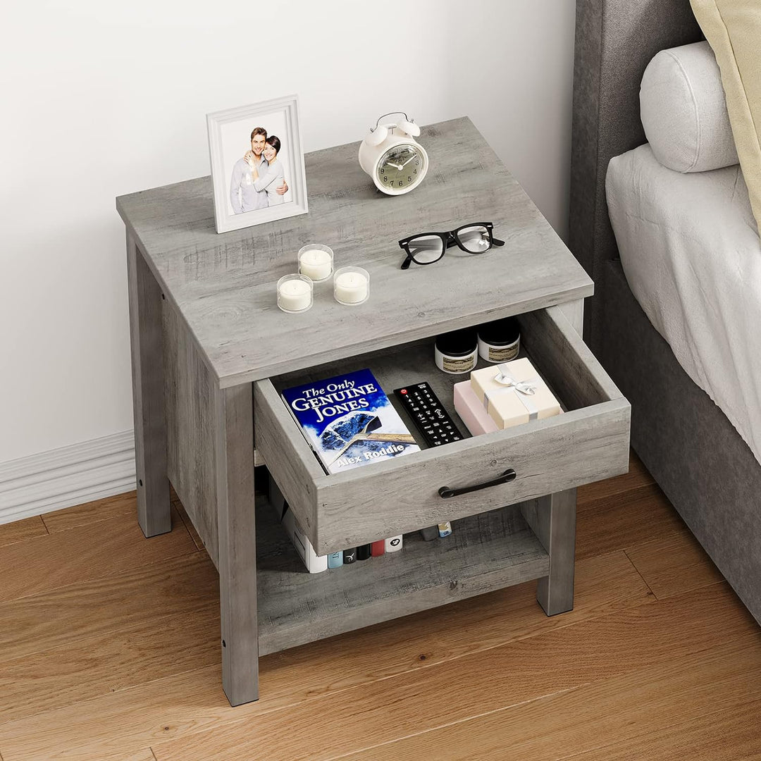 Farmhouse Nightstand w/ Storage Drawer, Rustic Grey