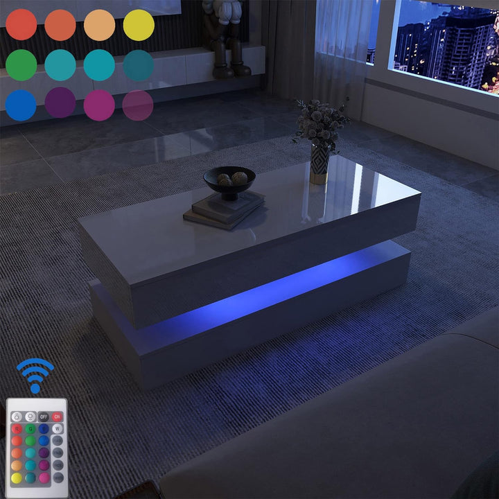 Deluxe 2-Tier LED Coffee Table, High-Gloss White, 16-Color Lights