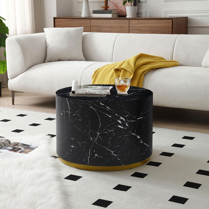 Modern Round Gold Drum Coffee Table, Black with Gold Rim, Marble