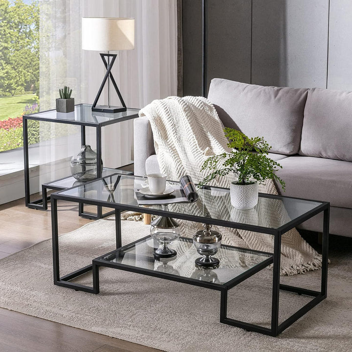 Metal Glass Coffee Table, Black Accent