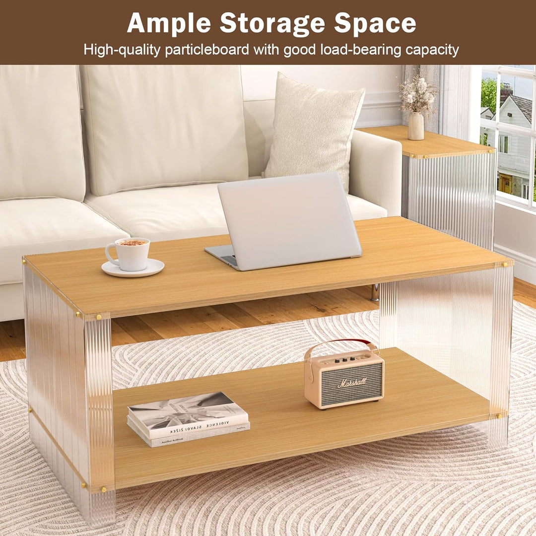 Acrylic Coffee Table, Modern Wooden Center Table with Storage, Natural