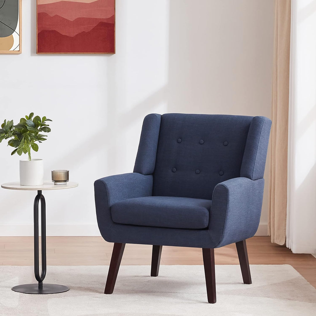 Accent Chair, Upholstered Button Tufted Armchair, Linen Fabric Sofa Chairs for Bedroom, Living Room, Mid Century Modern Comfy Reading Chair (Dark Blue)