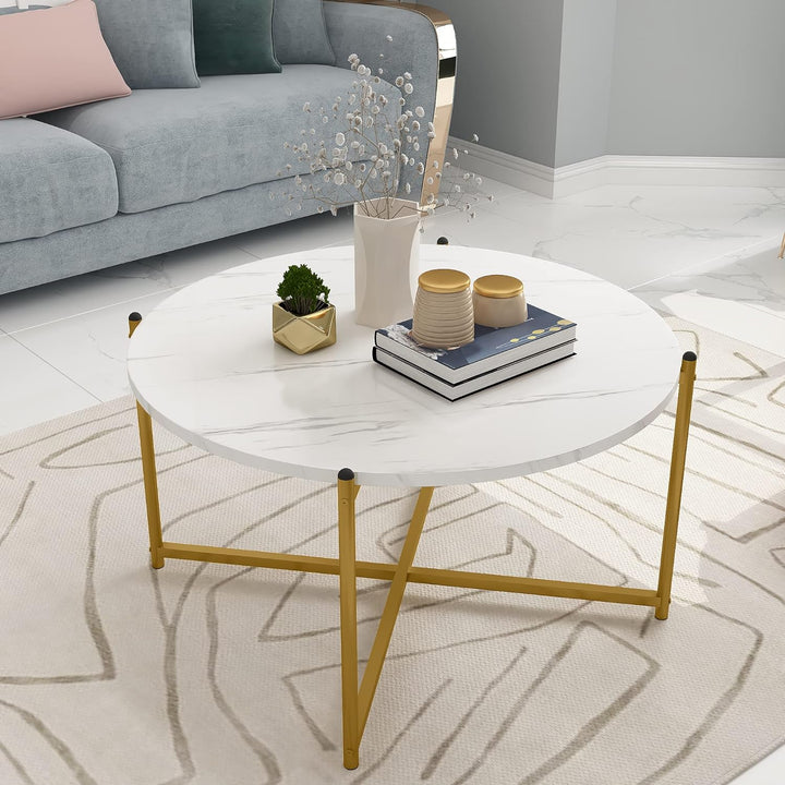 Faux Marble Coffee Table Set, Round Tabletop, Metal Base, White, Gold