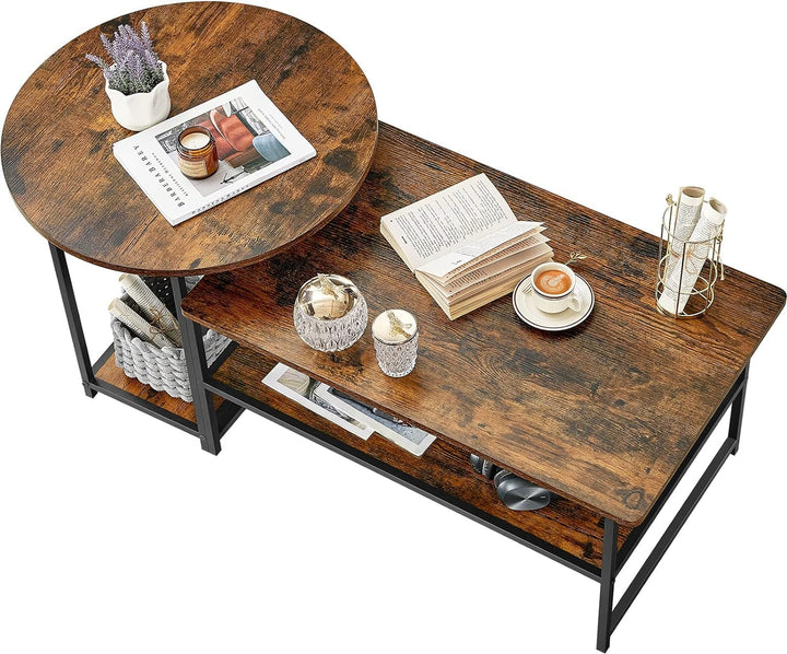 Rustic Farmhouse Coffee Table, Mid-Century Modern 2-in-1 Set, Rustic Brown