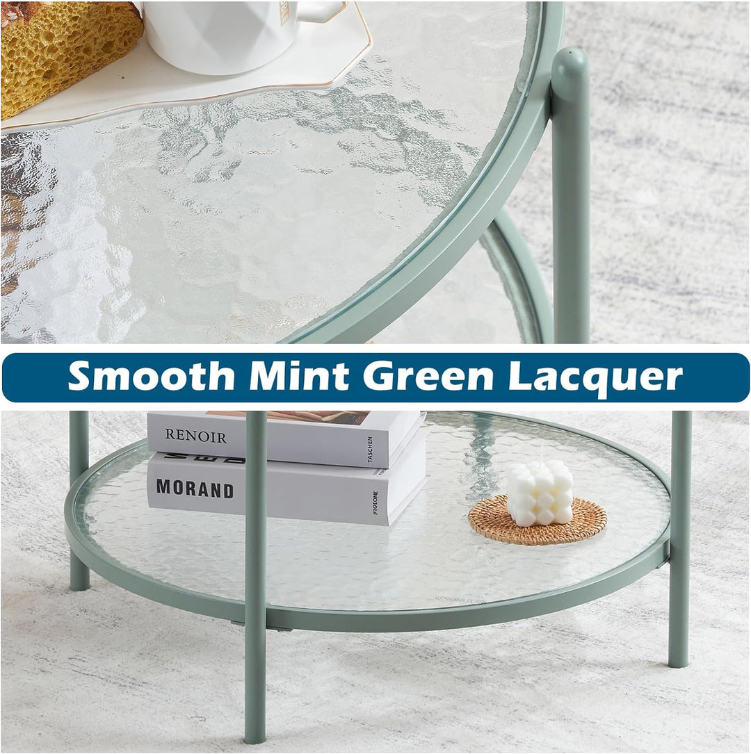 Stylish 2-Tier Round Coffee Table, Water-Wave Glass, Green