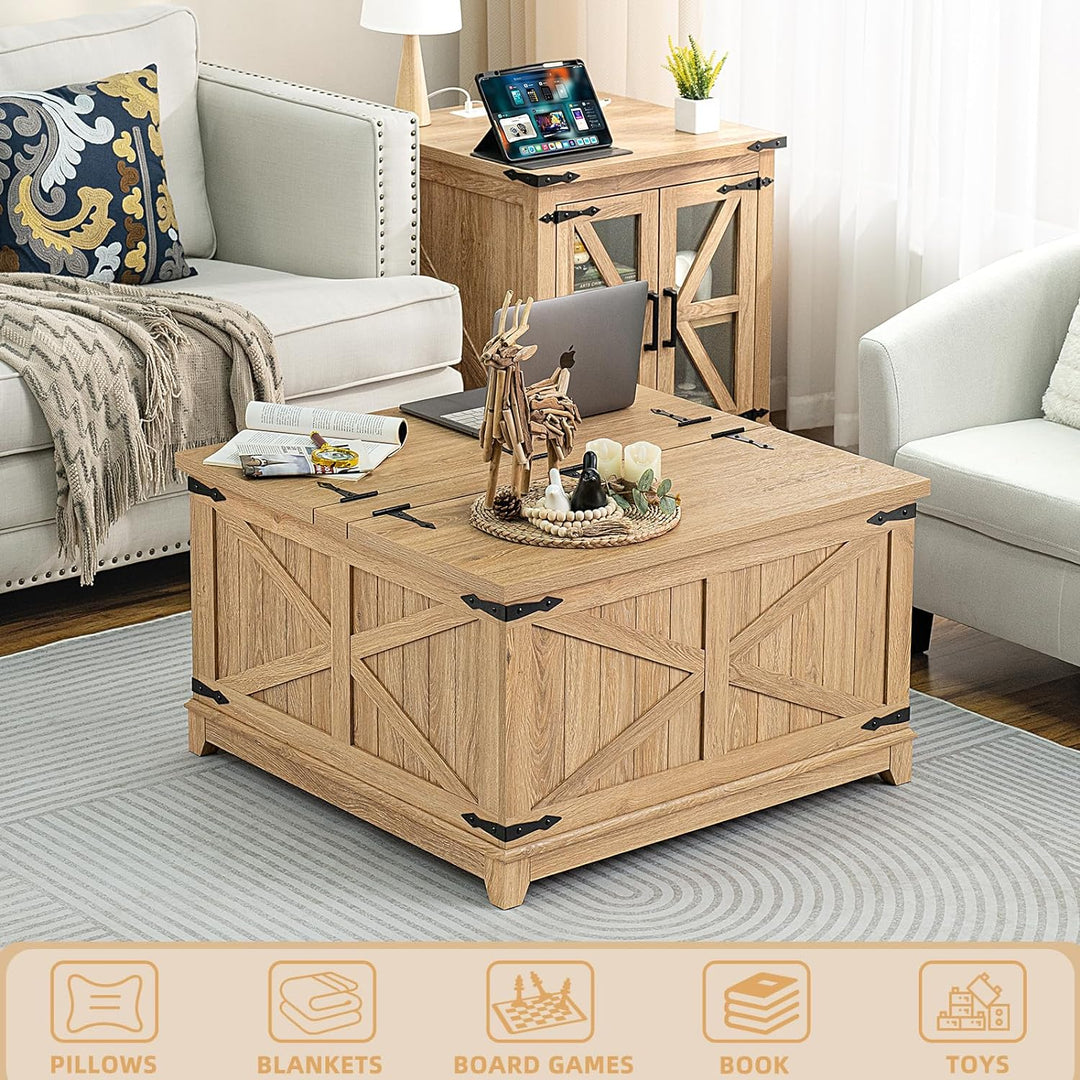 Farmhouse Coffee Table with Hidden Storage, Large Boho Natural