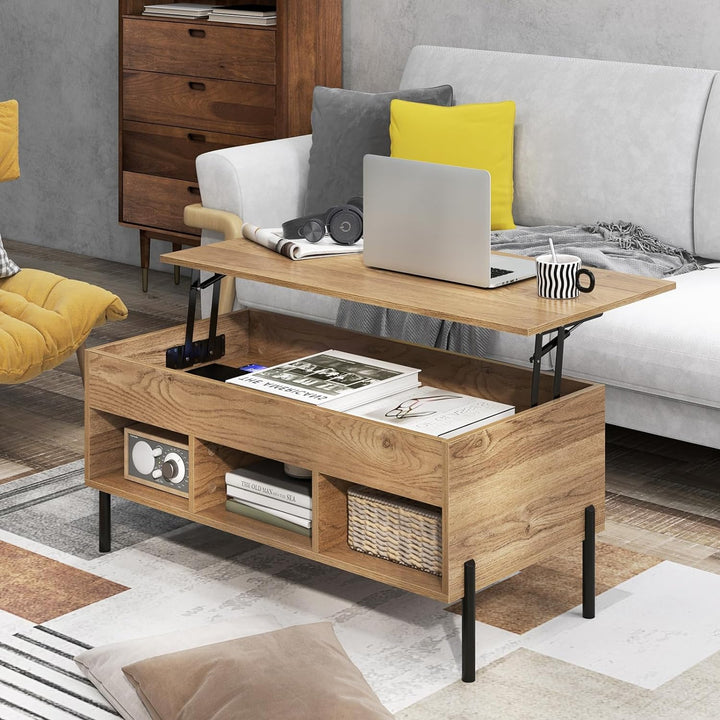 Lift Top Coffee Table with Hidden Compartment, Multifunctional Wood Dining Table, Natural