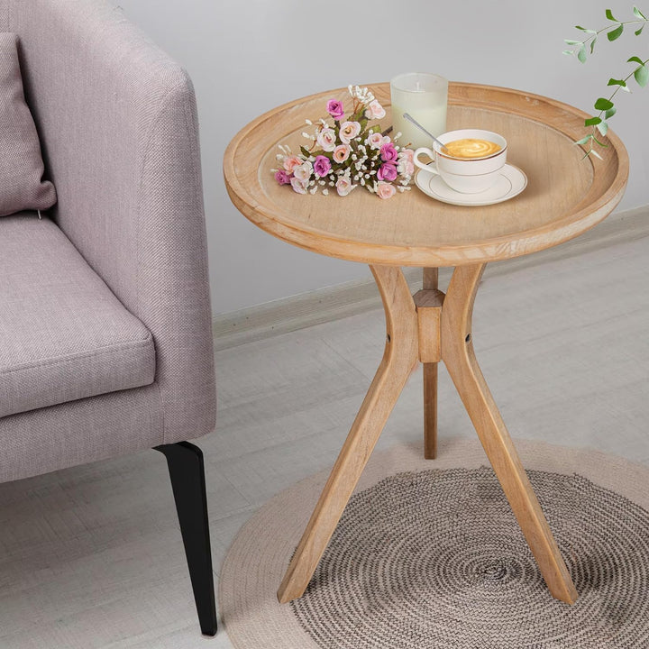 Farmhouse Side Table, Natural Wood Tray Top Sofa End Table