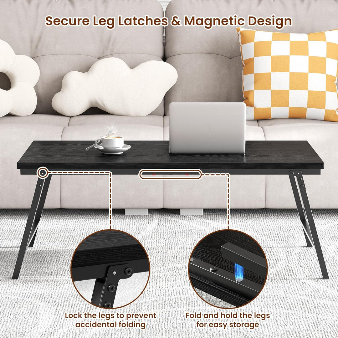 Portable Folding Coffee Table with Leg Latches, Sturdy Floor Desk, Black