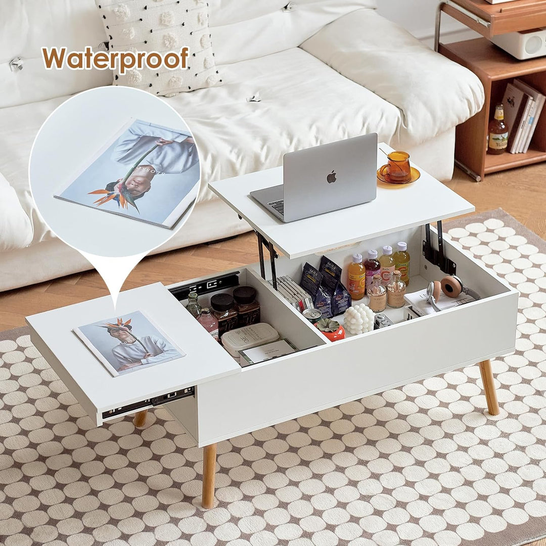 Coffee Table with Hidden Storage Drawer, Modern Lift Top Desk, White