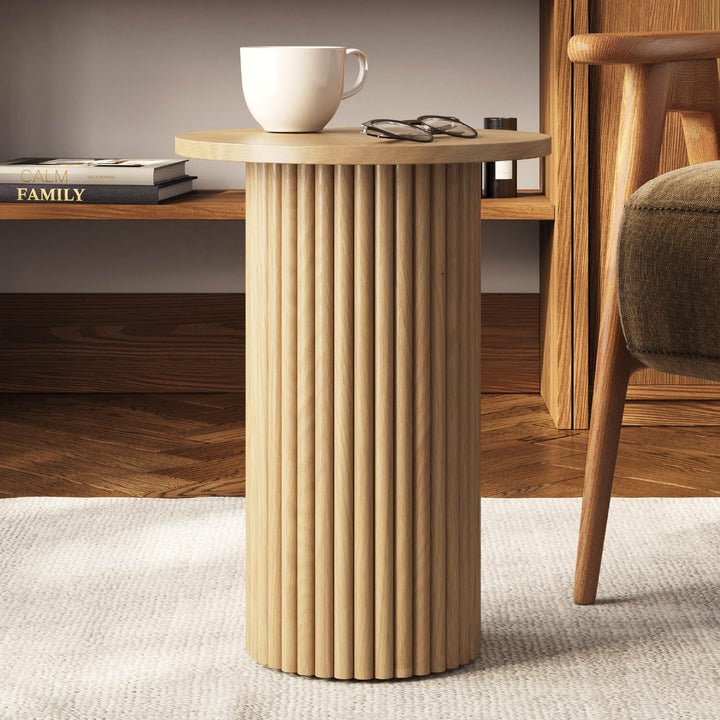 Round Fluted Accent Side Table - Natural Oak