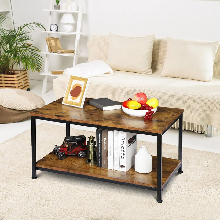 2-Tier Industrial Coffee Table with Storage Shelf, Retro Brown