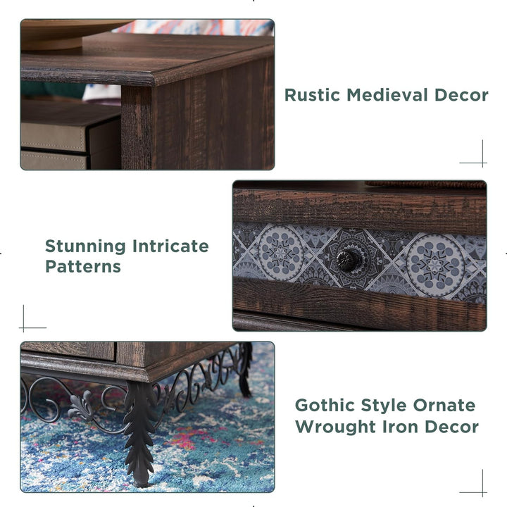 Rustic Bohemian Coffee Table with Sliding Drawers, Ornate Wrought Iron Decor, Dark Brown