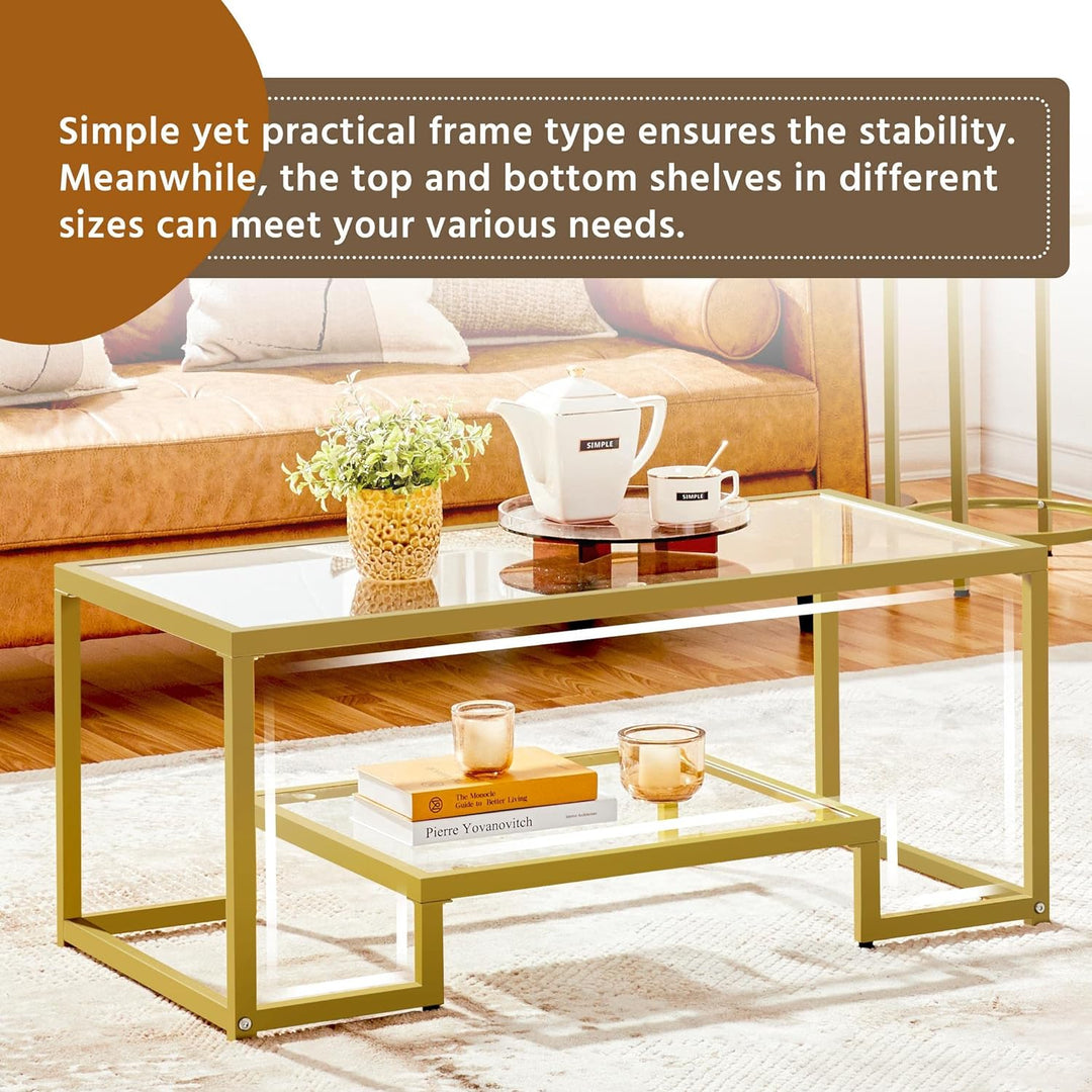 Yaheetech Gold Rectangular Glass Coffee Table for Living Room