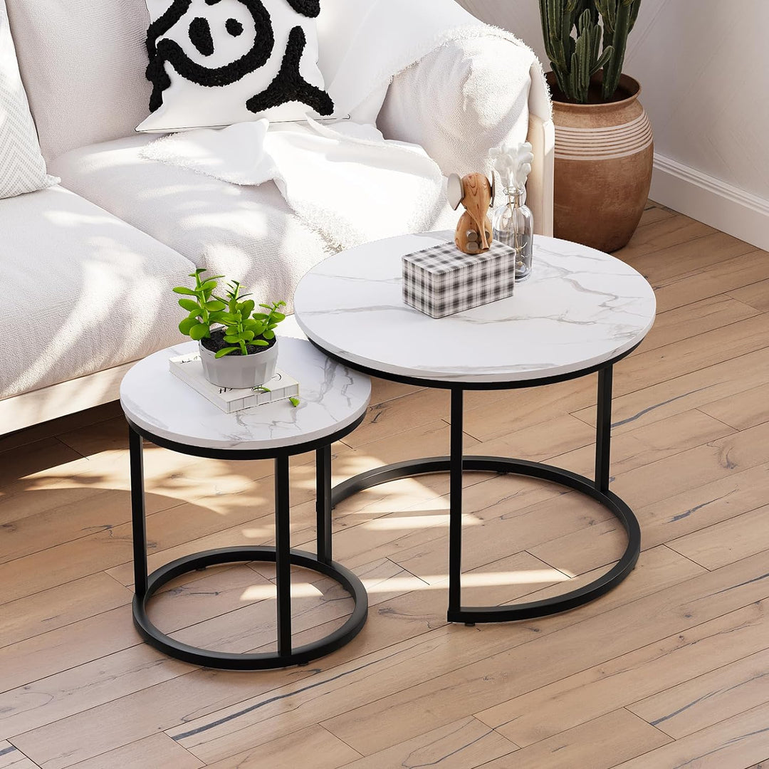 White Nesting Coffee Table Set, Round Wood Grain Top, Industrial End Tables, White