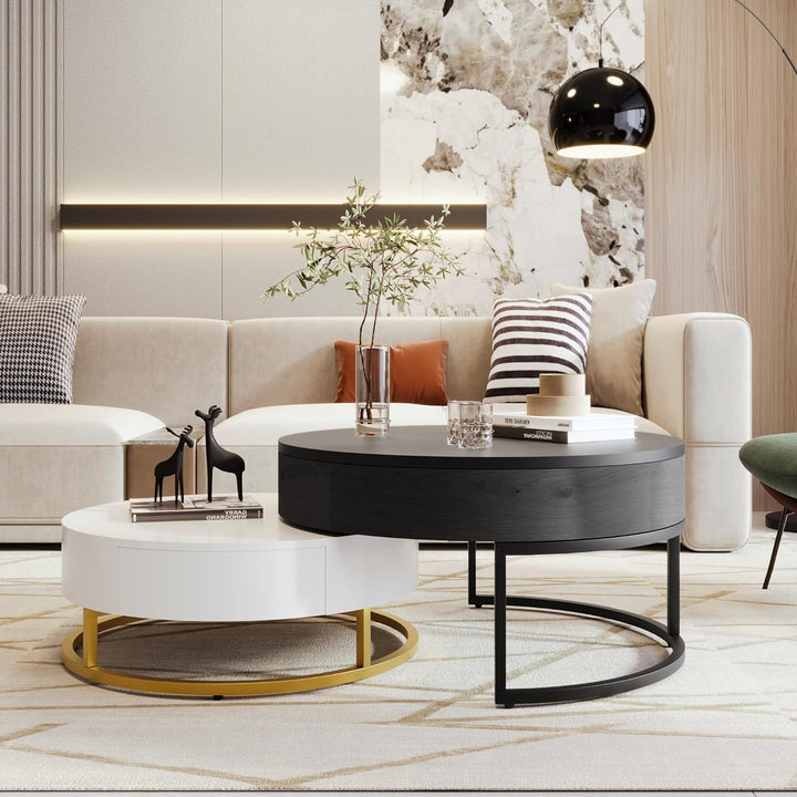 Modern Round Lift-top Nesting Coffee Tables, WhiteBlack