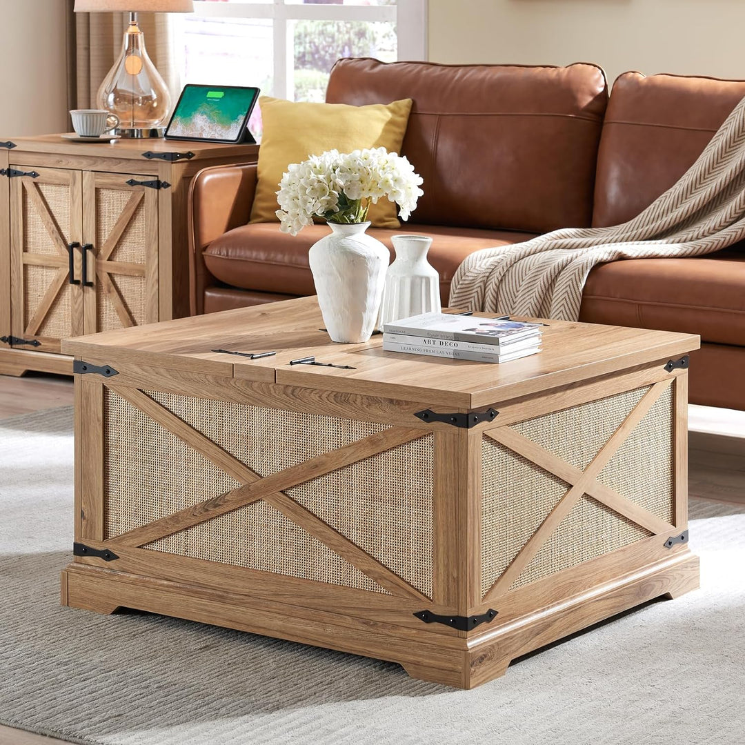 Farmhouse Coffee Table with Storage, Boho Rattan Wood Center Table, Rustic Cocktail Table with Hidden Storage, Natural