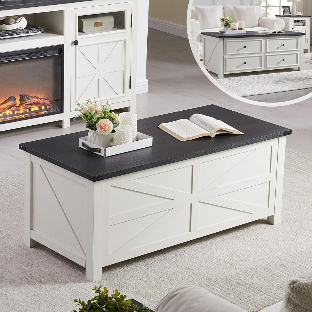 Farmhouse Coffee Table with Storage Drawers, Modern Center Table, White