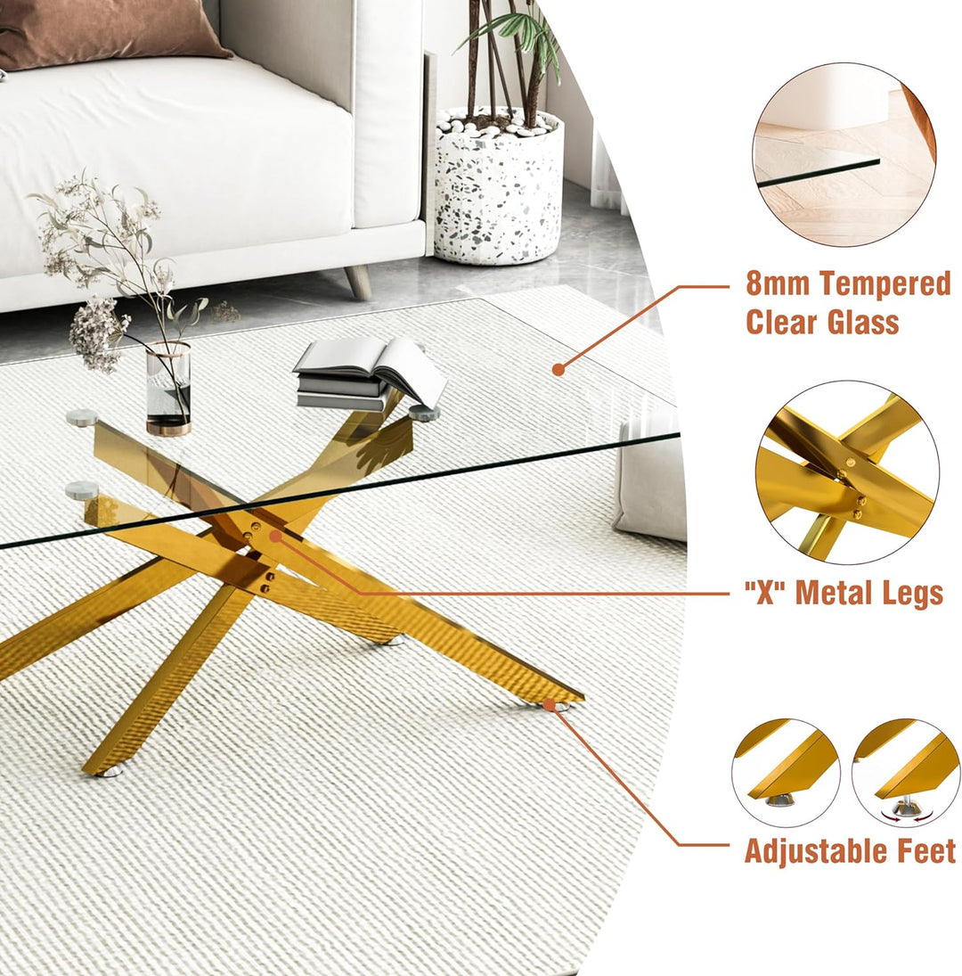 Modern Glass Coffee Table, Clear Tempered Glass, Golden Legs, Gold