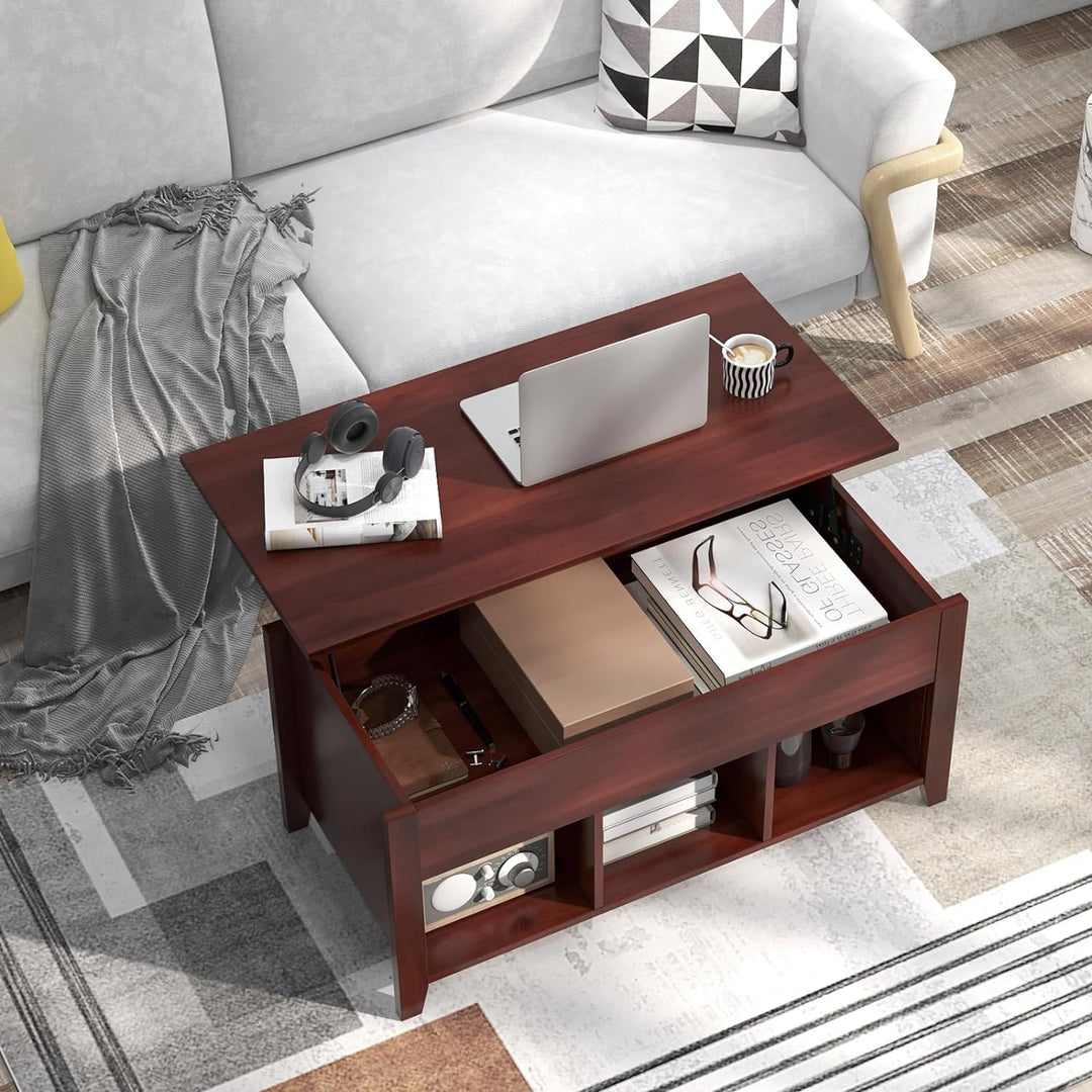 Lift Top Coffee Table with Hidden Compartment, 3 Shelves, Brown