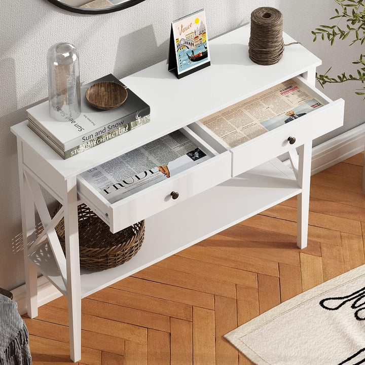 Console Table with Drawers, Narrow Wood Accent