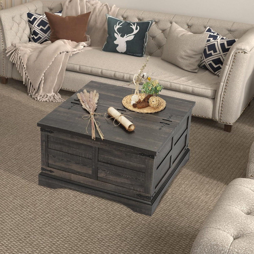 Farmhouse Coffee Table w/ Lift Top Storage, Rustic Wood Table, Dark