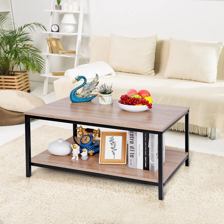 Super Deal 2-Tier Industrial Coffee Table with Storage Shelf, Light Brown