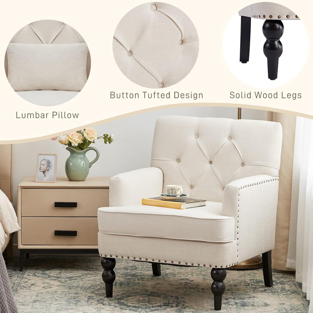 Tufted Club Chair Accent Chair Lumbar Pillow Beige